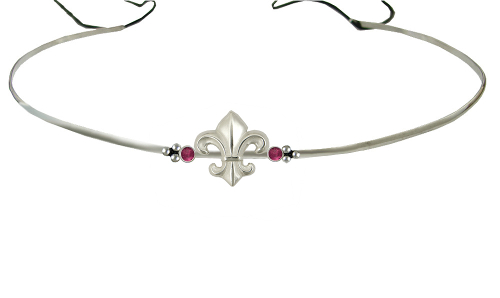 Sterling Silver Renaissance Style Fleur de Lis Headpiece Circlet Tiara With Pink Tourmaline